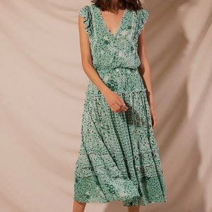 Poupette St. Barth | Paulina Midi Dress, Small green and white floral ruffle